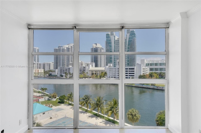 detailed view of a water view, crown molding, and a city view