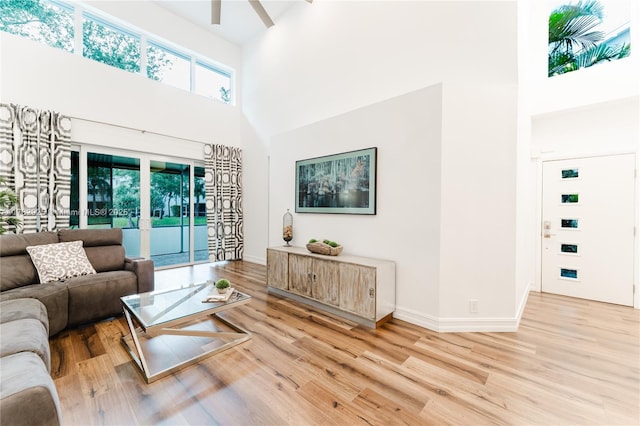 living room featuring wood finished floors, a high ceiling, and baseboards
