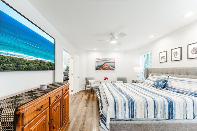 bedroom with recessed lighting, light wood-style flooring, and ceiling fan