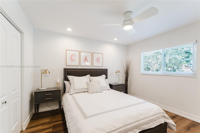 bedroom with baseboards, a ceiling fan, dark wood-style floors, and recessed lighting