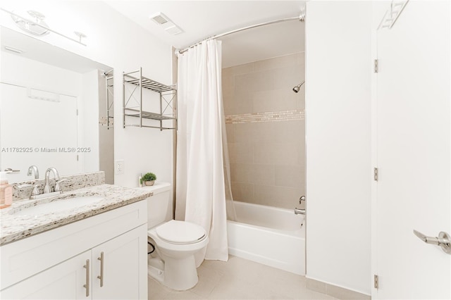 full bathroom with tile patterned floors, vanity, shower / bathtub combination with curtain, toilet, and visible vents