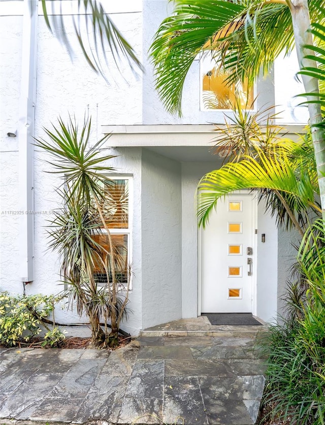 view of exterior entry featuring stucco siding