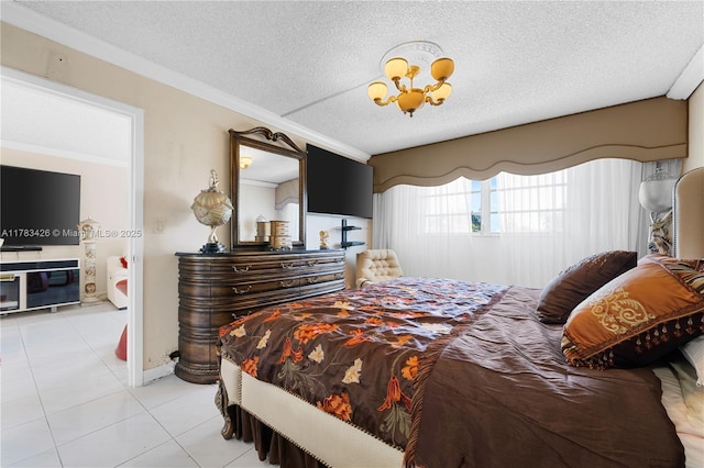 bedroom featuring baseboards, a textured ceiling, a notable chandelier, and light tile patterned floors