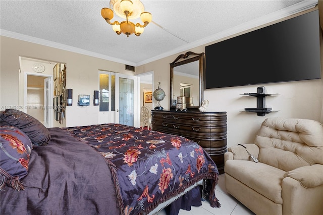 bedroom featuring visible vents, a textured ceiling, ornamental molding, and an inviting chandelier