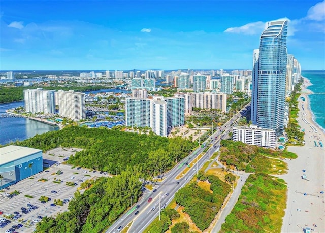 drone / aerial view with a city view and a water view