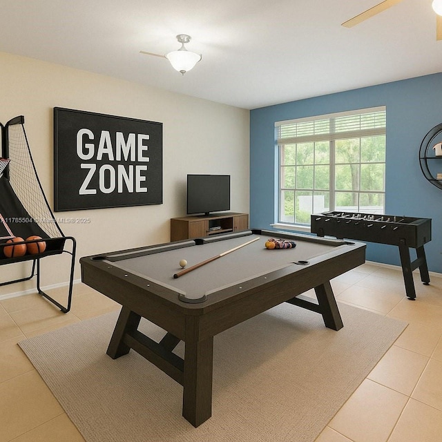 playroom with baseboards, tile patterned flooring, and billiards