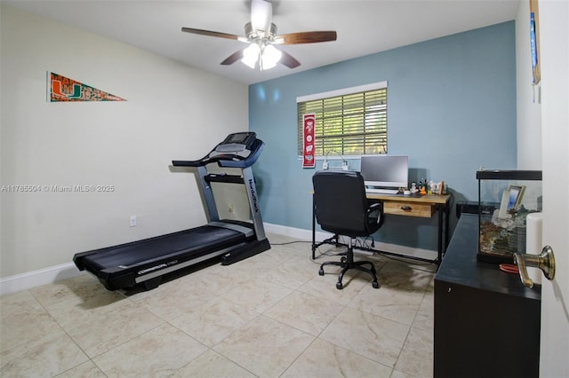 office area featuring light tile patterned floors, baseboards, and ceiling fan