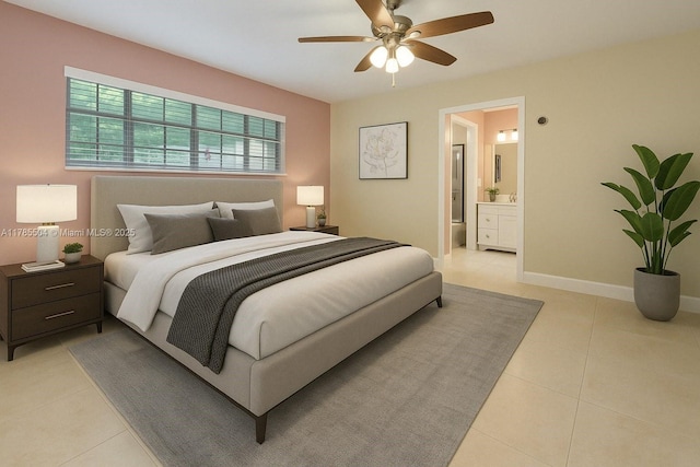 bedroom featuring connected bathroom, a ceiling fan, baseboards, and light tile patterned flooring