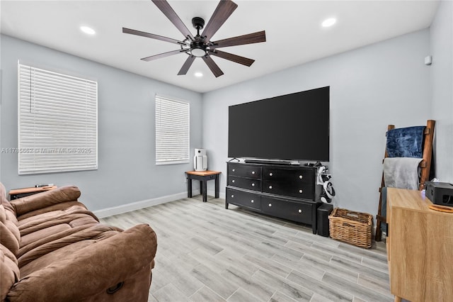 11640 SW 243rd St, Homestead, FL 33032 - living room featuring baseboards, wood finished floors, recessed lighting, and ceiling fan