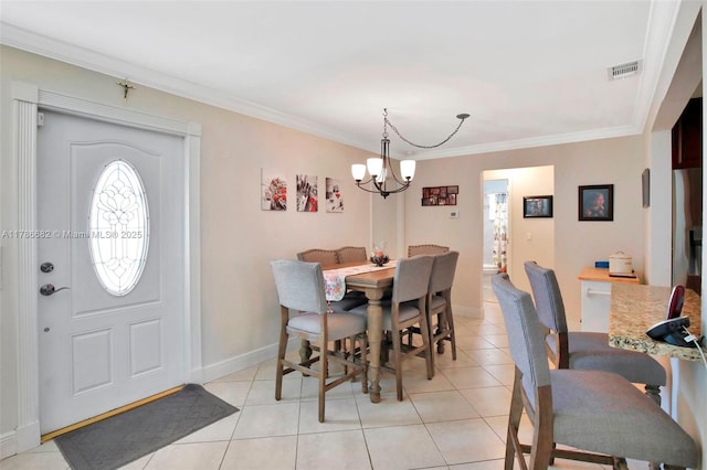 dining room with visible vents, baseboards, light tile patterned flooring, ornamental molding, and a notable chandelier