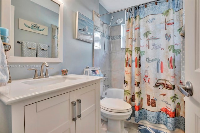 full bathroom featuring toilet, shower / bath combo, and vanity