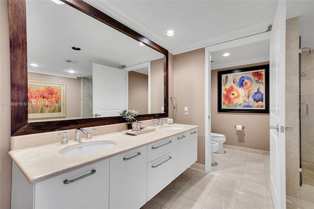 3101 S Ocean Dr Unit 701, Hollywood, FL 33019 - full bathroom with crown molding, double vanity, toilet, a stall shower, and recessed lighting