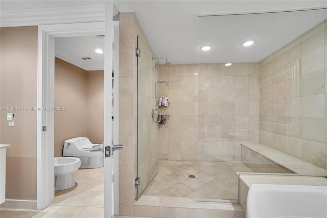 3101 S Ocean Dr Unit 701, Hollywood, FL 33019 - bathroom with a shower stall, a bidet, crown molding, tile patterned floors, and recessed lighting