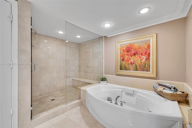 3101 S Ocean Dr Unit 701, Hollywood, FL 33019 - full bathroom featuring a tub with jets, a shower stall, tile patterned floors, ornamental molding, and recessed lighting