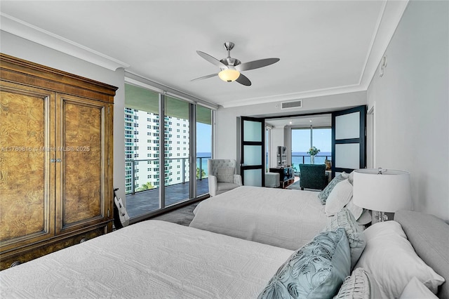3101 S Ocean Dr Unit 701, Hollywood, FL 33019 - bedroom with access to outside, crown molding, and a ceiling fan