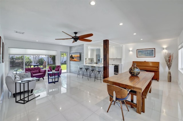 2506 NE 30th St, Fort Lauderdale, FL 33306 - dining room with recessed lighting, beverage cooler, a ceiling fan, and light tile patterned flooring