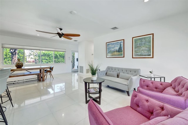 2506 NE 30th St, Fort Lauderdale, FL 33306 - living room featuring ceiling fan, recessed lighting, and light tile patterned floors