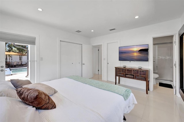 2506 NE 30th St, Fort Lauderdale, FL 33306 - bedroom with recessed lighting, light tile patterned floors, access to exterior, a closet, and ensuite bath