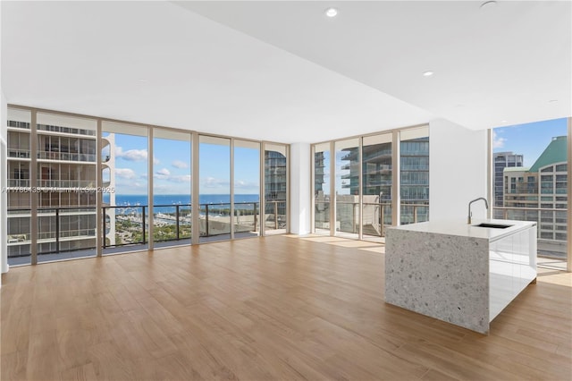 living area featuring a wall of windows, light wood-style floors, and a water view