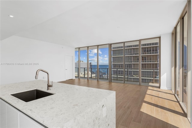 kitchen with light stone counters, wood finished floors, a water view, a sink, and expansive windows