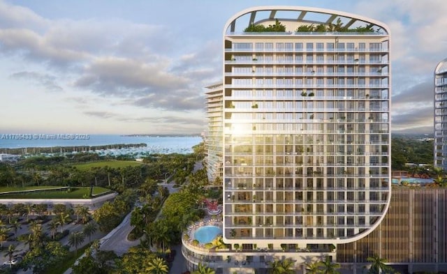 view of building exterior featuring a water view