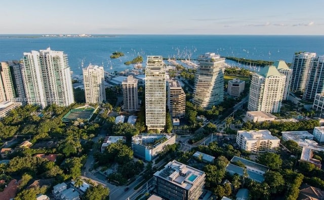 aerial view with a view of city and a water view