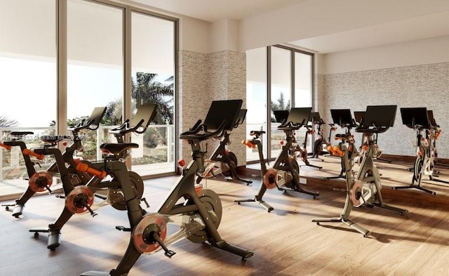 gym with wood finished floors