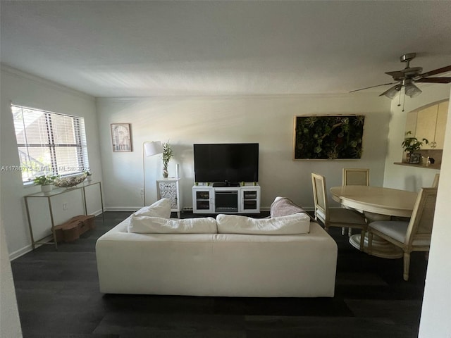 22701 SW 88th Pl Unit 203-9, Cutler Bay, FL 33190 - living area featuring ornamental molding, ceiling fan, and dark wood-type flooring