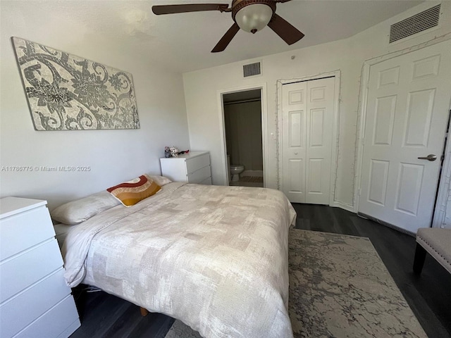 22701 SW 88th Pl Unit 203-9, Cutler Bay, FL 33190 - bedroom featuring dark wood-style flooring, a closet, a ceiling fan, and connected bathroom