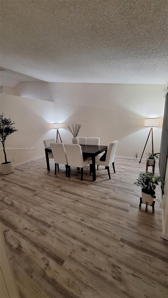dining space featuring baseboards, wood finished floors, and a textured ceiling