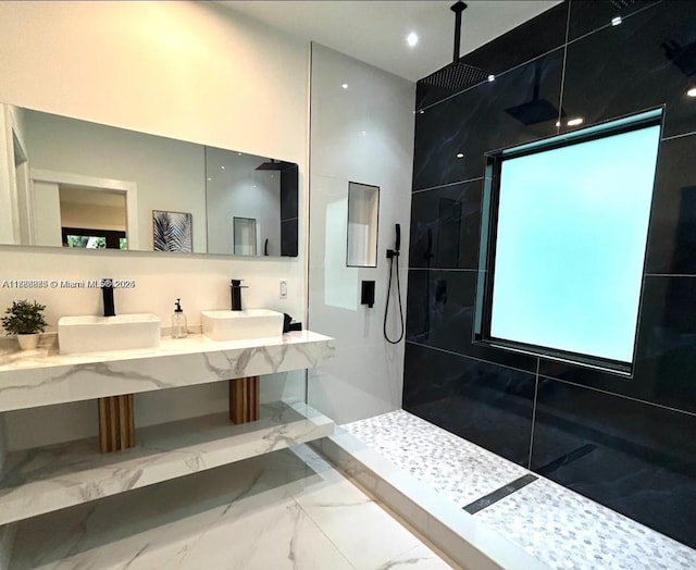 2360 SW 12th St, Miami, FL 33135 - bathroom with a walk in shower, a sink, double vanity, and marble finish floor