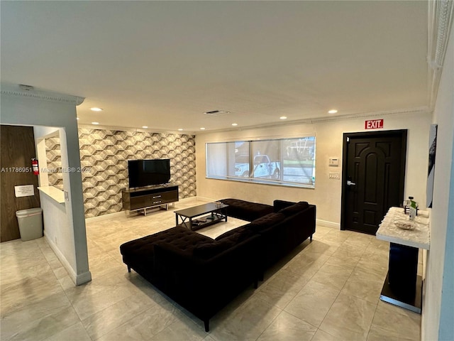 5424 Garfield St, Hollywood, FL 33021 - living room featuring recessed lighting, crown molding, visible vents, an accent wall, and wallpapered walls