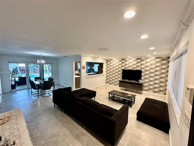 5424 Garfield St, Hollywood, FL 33021 - living room with recessed lighting, crown molding, visible vents, baseboards, and an accent wall