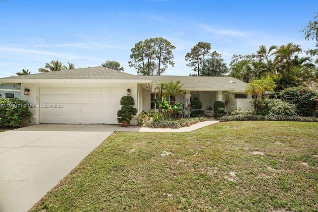 single story home featuring stucco siding, an attached garage, a front lawn, and concrete driveway
