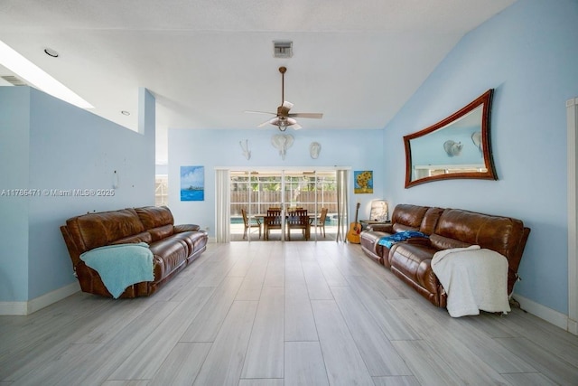 710 Daffodil Dr, Wellington, FL 33414 - living area with lofted ceiling, wood finished floors, ceiling fan, and visible vents