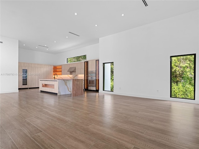 unfurnished living room with plenty of natural light, wood finished floors, a towering ceiling, and a sink