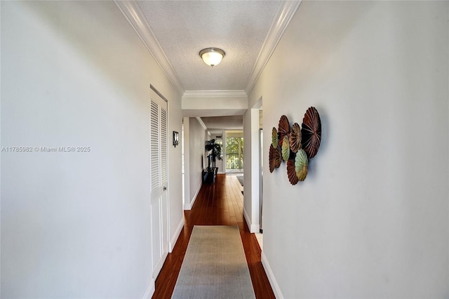 370 NW 76th Ave Unit 307, Margate, FL 33063 - hall with a textured ceiling, ornamental molding, and dark wood-style flooring