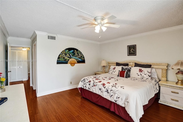 370 NW 76th Ave Unit 307, Margate, FL 33063 - bedroom with dark wood-style flooring, a textured ceiling, ornamental molding, and ceiling fan
