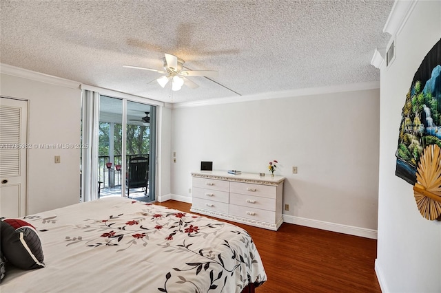 370 NW 76th Ave Unit 307, Margate, FL 33063 - bedroom featuring access to exterior, dark wood-style flooring, a textured ceiling, ornamental molding, and a ceiling fan