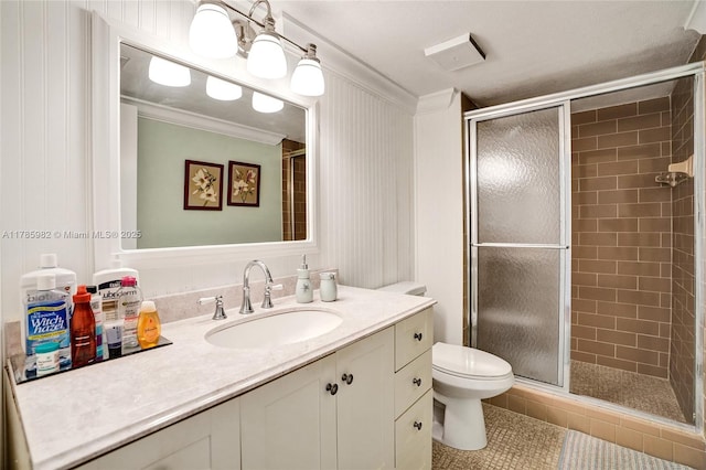 370 NW 76th Ave Unit 307, Margate, FL 33063 - bathroom with a shower stall, vanity, crown molding, and tile patterned flooring