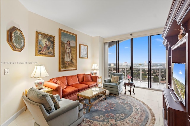 living area with light tile patterned flooring, expansive windows, a wealth of natural light, and baseboards