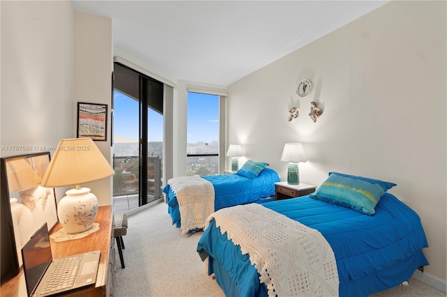 bedroom featuring a wall of windows, carpet, and access to exterior