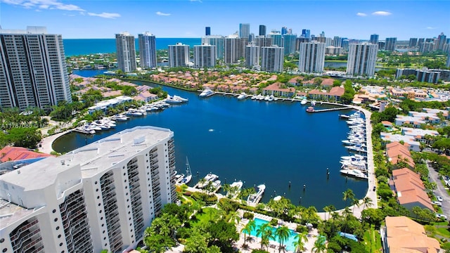 drone / aerial view featuring a view of city and a water view