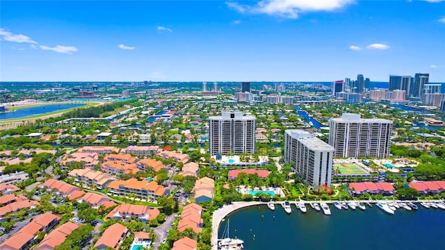 bird's eye view with a water view and a view of city