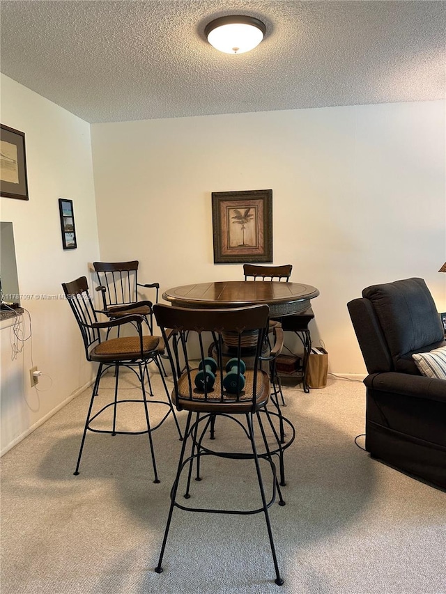 carpeted dining area with a textured ceiling