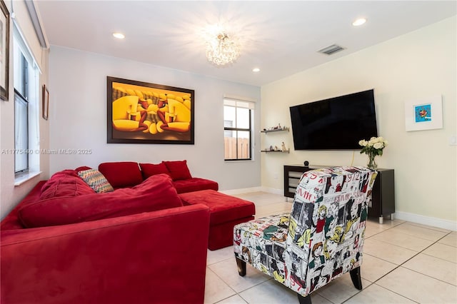 living area featuring recessed lighting, a chandelier, visible vents, and tile patterned floors