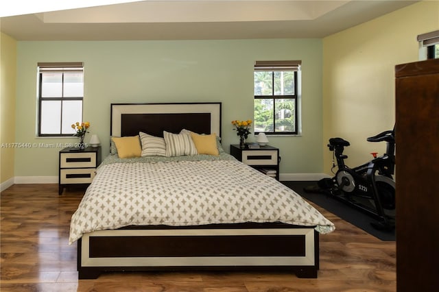 bedroom featuring baseboards and dark wood-style flooring
