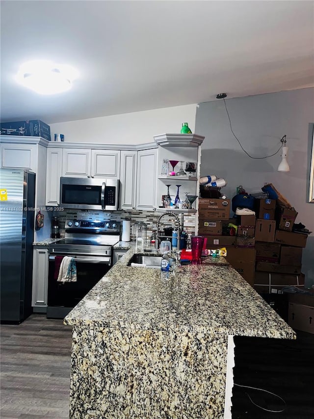 4335 NW 4th Ave, Deerfield Beach, FL 33064 - kitchen featuring appliances with stainless steel finishes, a sink, open shelves, dark wood finished floors, and light stone counters