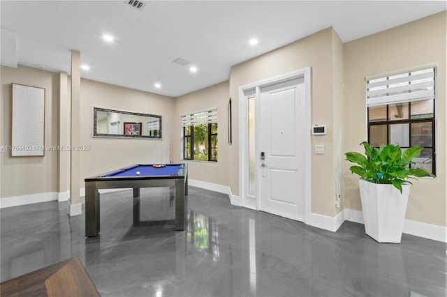 playroom featuring baseboards, visible vents, pool table, and recessed lighting