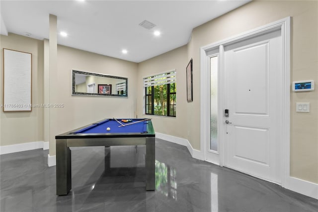 game room with visible vents, finished concrete flooring, baseboards, and billiards